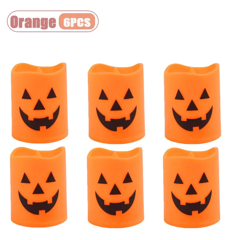 6-60PCS Halloween Flickering LED Candle Holder Skull Ghost Pumpkin Lantern Spooky Decoration for Haunted House Centerpiece Oasis Select Orange-6PCS