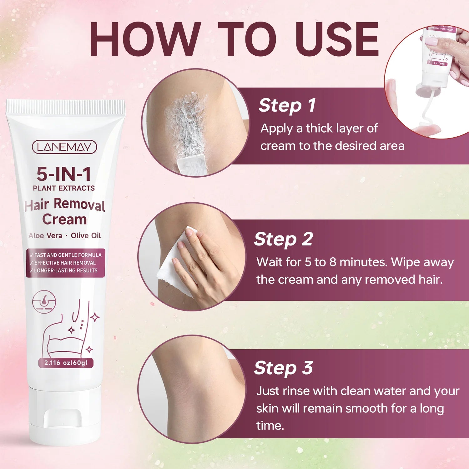 Lanemay 5-in-1 Plant Extract Hair Removal Cream 2.116 oz