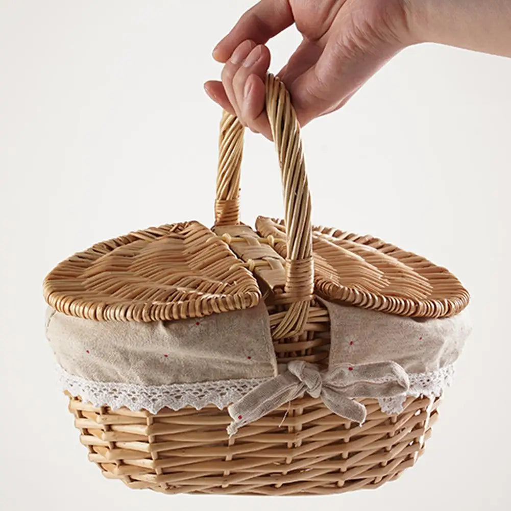Handmade Wicker Basket With Handle Picnic Food Basket With Lid Hand-Woven Multi-Purpose Wicker Tray Desktop Decor Storage Box Oasis Select