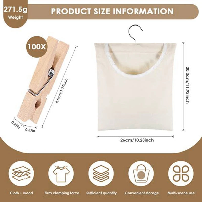 WISH Handy Laundry Clothespin Bag, Semi-Closed Canvas Clothespin Storage Hanger Bag, Hanging Storage Organizer Laundry Oasis Select