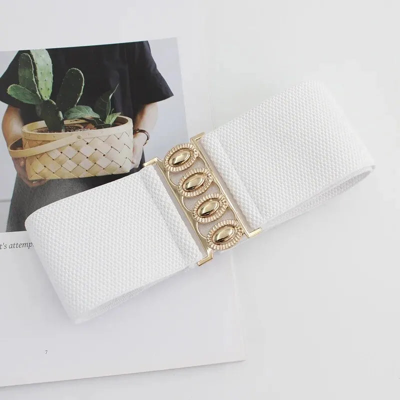 Women Belt Fashion Elastic Waist Cover Golden Buckle Elastic Waist Closure Versatile Wide Belt Paired With Dress Coat Lady Belts Oasis Select WHITE 85cm