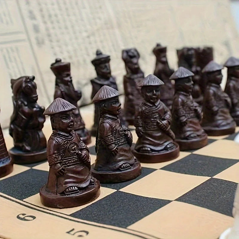 Vintage Chess Set PU Leather Board 3D Carved Resin Pieces Creative Soldier Statue Classic Strategy Game Ideal for Birthday Gifts Oasis Select