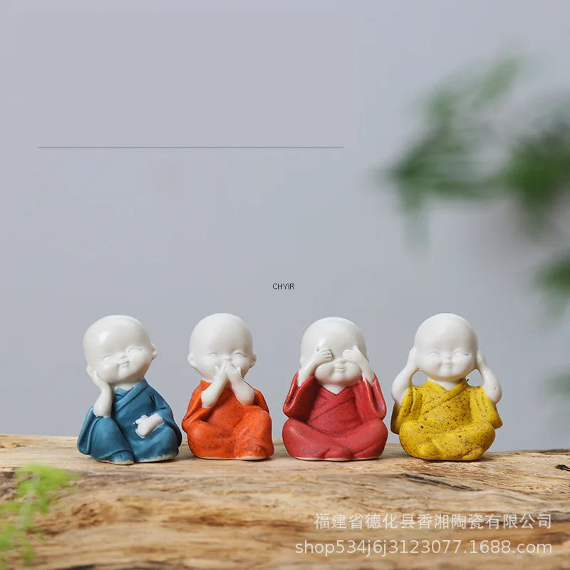Mini Cute Purple Clay Four Little Monks Potted Plant Sha Mi Tea Pet Ceramic Buddha Home Decor Small Ornament Oasis Select