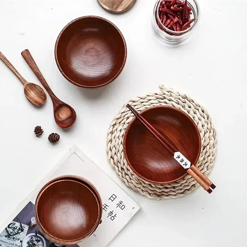 Japanese Style Wooden Bowl Jujube Wooden Bowl Round Large Soup Bowl Creative Children's Rice Bowl Tableware Oasis Select