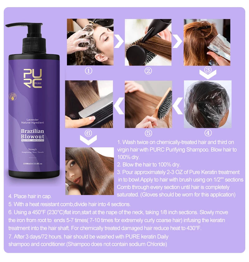 PURC Keratin Straightening Treatment Brazilian Keratin Hairs Treatment Curly Repair Smoothing Hair Care Lavender Salon Products Oasis Select