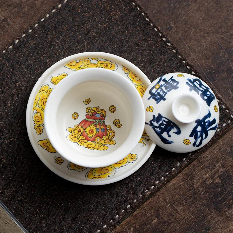 National Tide Lion Cloth Bag Hover Revolving Cover Bowl Teacup Single High-end Tea Bowl Ceramic Pot Bearing Kung Fu Tea Set Oasis Select