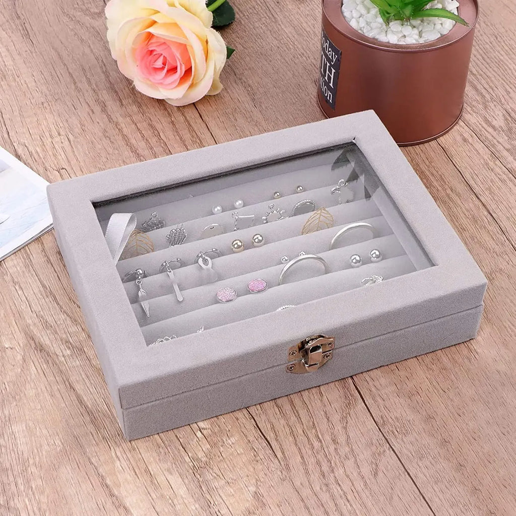 1pc,Ring storage box, soft velvet jewelry storage tray with transparent lid, earring and jewelry display box Oasis Select