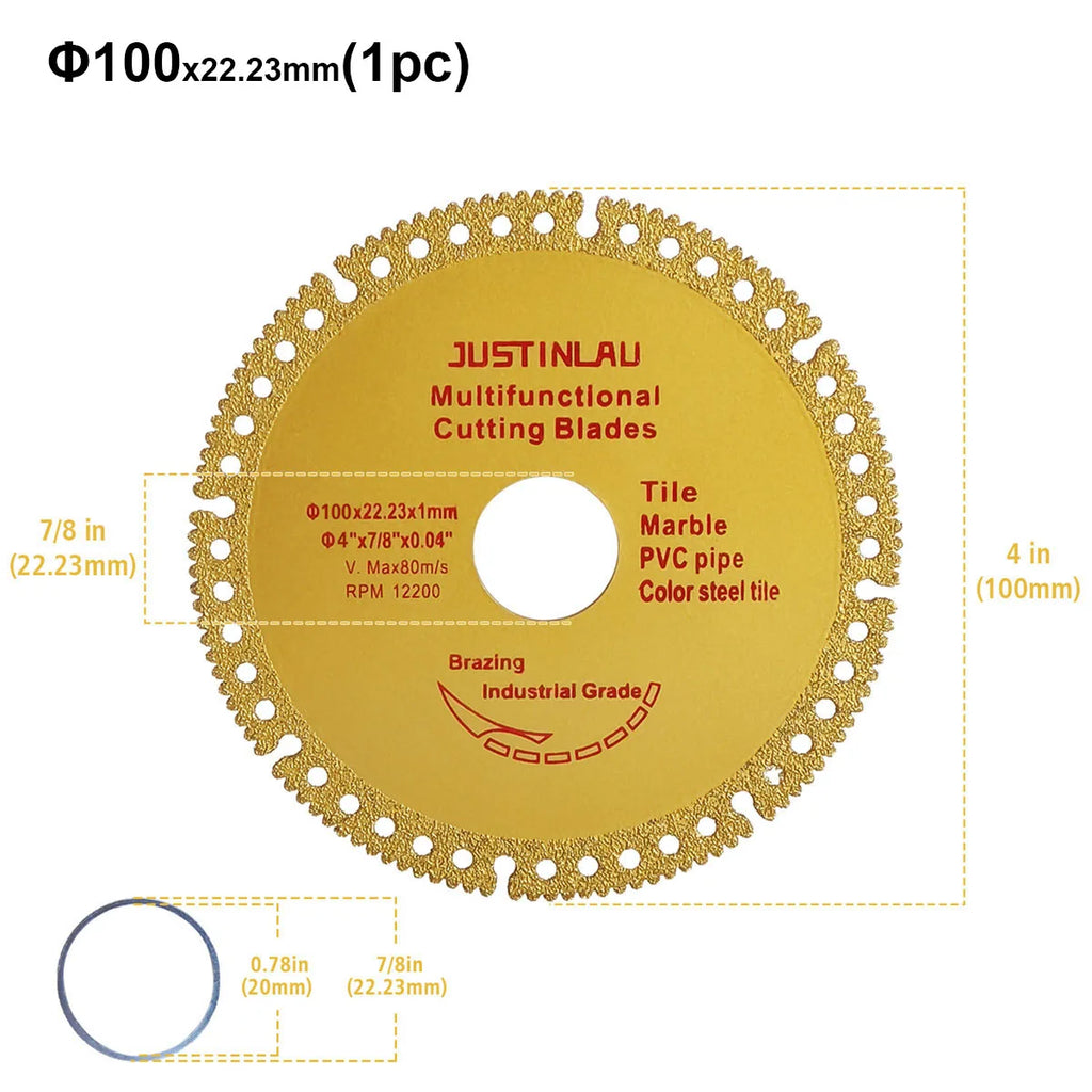 JUSTINLAU Multifunctional Cutting Piece Sheet Disc Tile Rock Plate Metal Marble Machine Angle Grinder Dry Slice Emery Saw Blade Oasis Select 1pc Gold-100mm