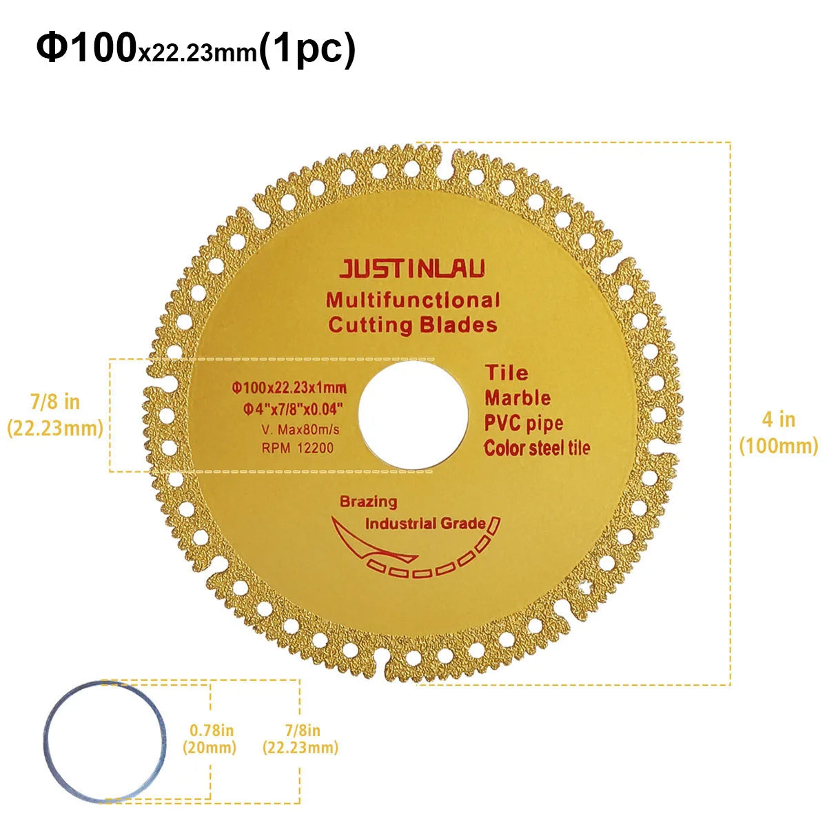JUSTINLAU Multifunctional Cutting Piece Sheet Disc Tile Rock Plate Metal Marble Machine Angle Grinder Dry Slice Emery Saw Blade Oasis Select 1pc Gold-100mm