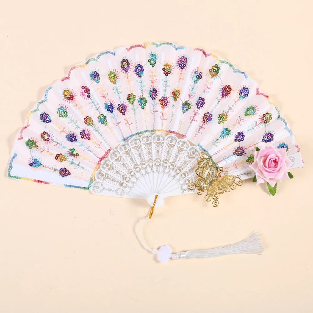 Sequin Embroidered Rose Lace Folding Fan with Tassel - Vintage European Handheld Fan for Cosplay Halloween Party Supplies Oasis Select Style 5