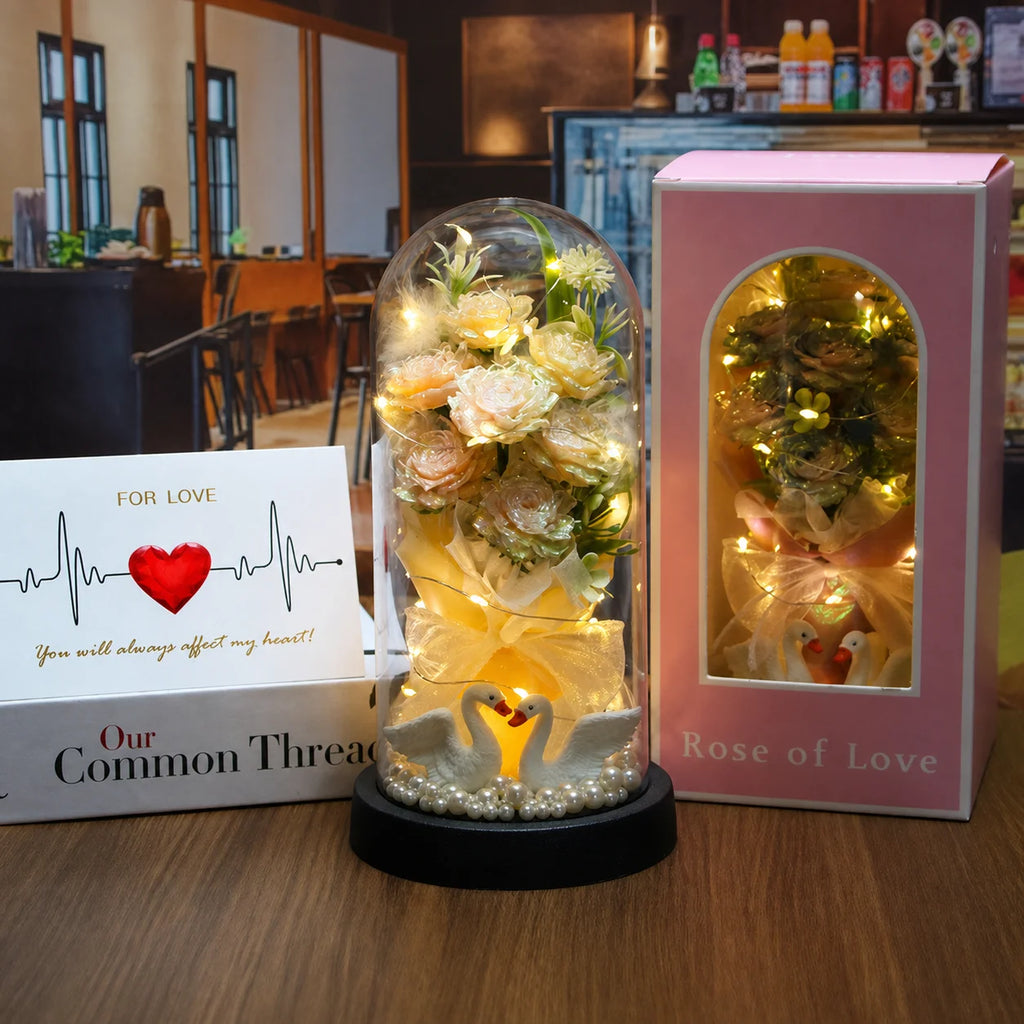 Glass Dome Ornament Handmade Decorative Flower Wreath Preserved Rose Bouquet Dust-Free Led Glowing Night Light For Valentine'S Oasis Select Champagne