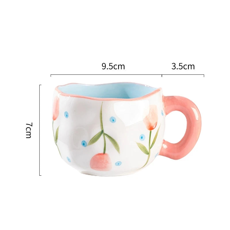 300ML Ceramic Mug Flower Heart Pattern Cute Hand Pinched Irregular Creative Style Coffee Cup Breakfast Milk Afternoon Tea Cups Oasis Select Pink-Tulip 300ml