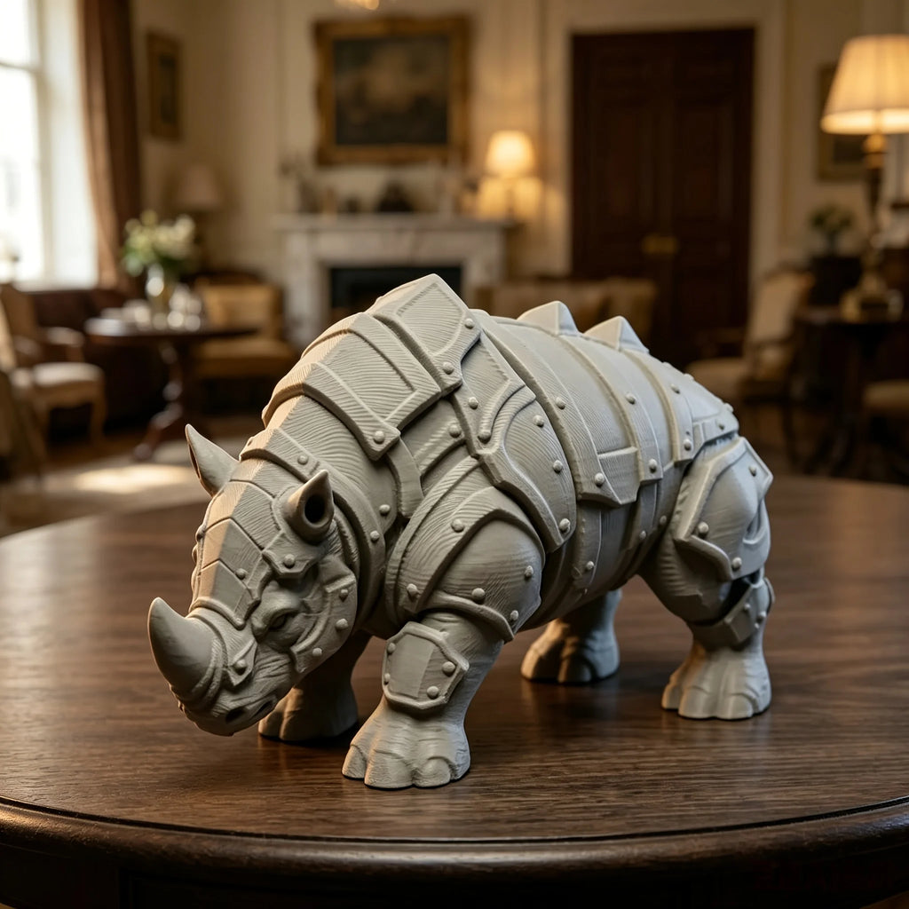 Mecha Armored Rhino Mini Figurine 3D Printing Medieval Rivet Rhinoceros Sculpture Cool Tabletop Ornaments Decor for Study Office Oasis Select