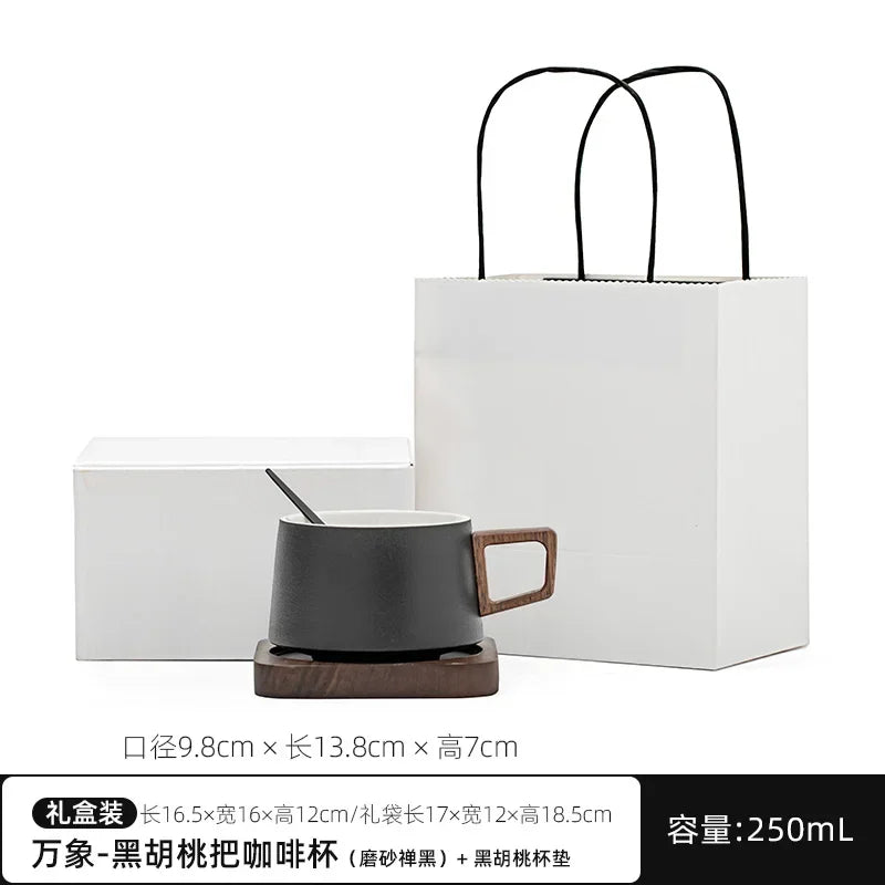 Coffee Cup Solid Wood Coaster Set Ceramic High-grade Exquisite Household Drinking Mug Milk Cup Oasis Select 250ml black