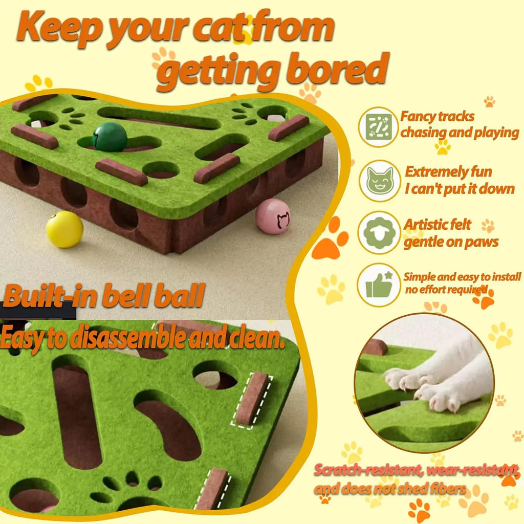 Felt Cat Puzzle Maze – Battery-Free Toy with 3 Secure Bell Balls for Indoor Cats, Encourages Hunting Instincts Oasis Select