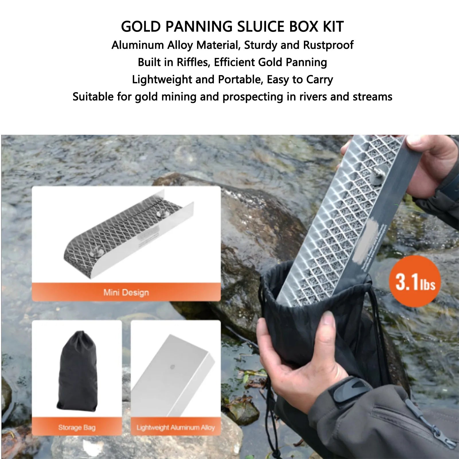 12 Inch Gold Panning Trough Aluminum Alloy Portable Sluice Box Prospecting Pan and Sieve Kit Drawstring Backpack Oasis Select