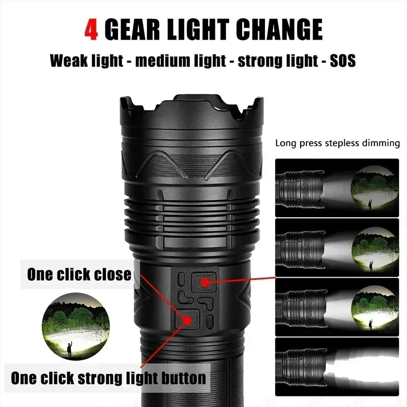 High Power Led Flashlight Super Bright Long Range Torch Rechargeable Ultra Powerful Outdoor Tactical Hand Lamp Camping Lantern Oasis Select