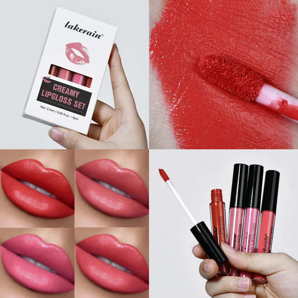 4pcs Creamy Lip Gloss Cream Matte Long-Lasting Non-Stick Cup Not Fade Waterproof Pigmented Velvet Lipgloss Gift For Girlfriend Oasis Select