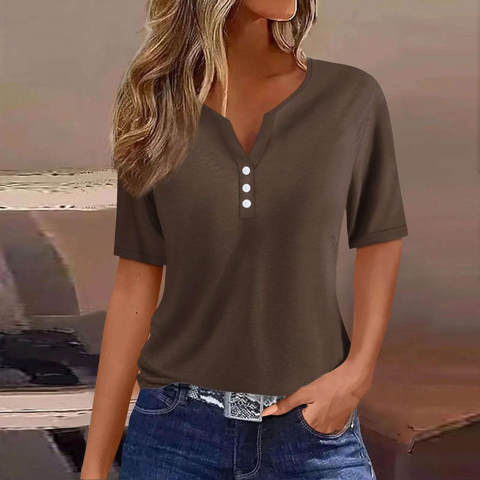 Women Summer Trendy Simple Casual Fashion Button T Shirt V Neck Short Sleeve Solid Loose Pullover Tops Plus Size Ropa De Mujer Oasis Select
