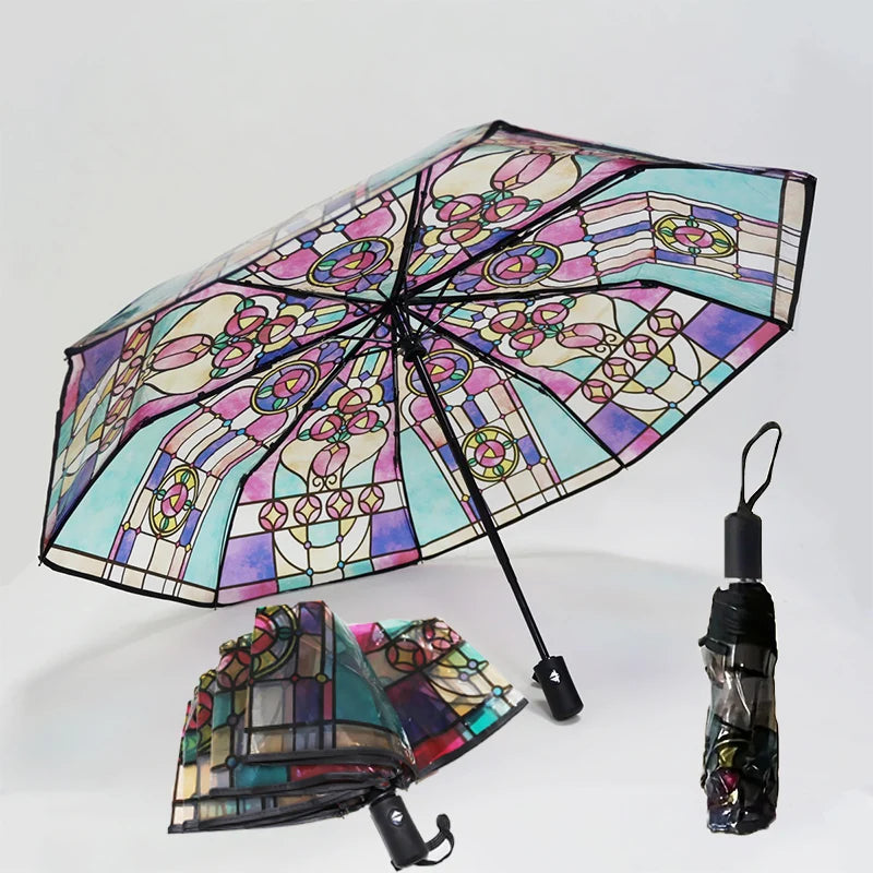Church Retro Transparent Large Umbrella Stained Glass Transparent Umbrella Automatic Romantic Sunny Dual Use Of Rain And Light Oasis Select automatic-1pcs 8K
