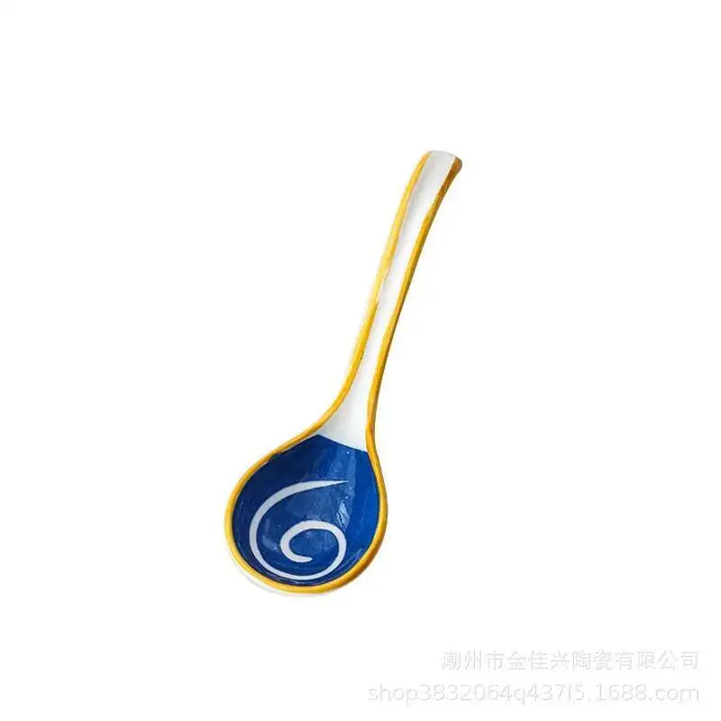 Japanese Style Spoon Ceramic Soup Spoon Daily Ceramic Soup Spoon Ramen Extended Handle Small Spoon Bent Spoon Tableware Oasis Select Naruto