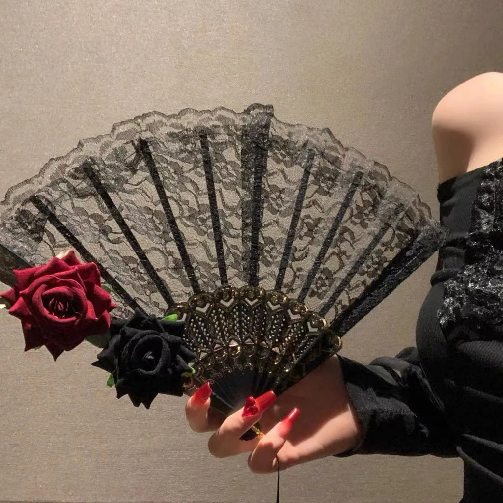 Female Lace Hand Fan Lolita Gothic Fan Victorian Vintage Black White Red Rose Bamboo Fans Cosplay Halloween Party Photo Prop Oasis Select