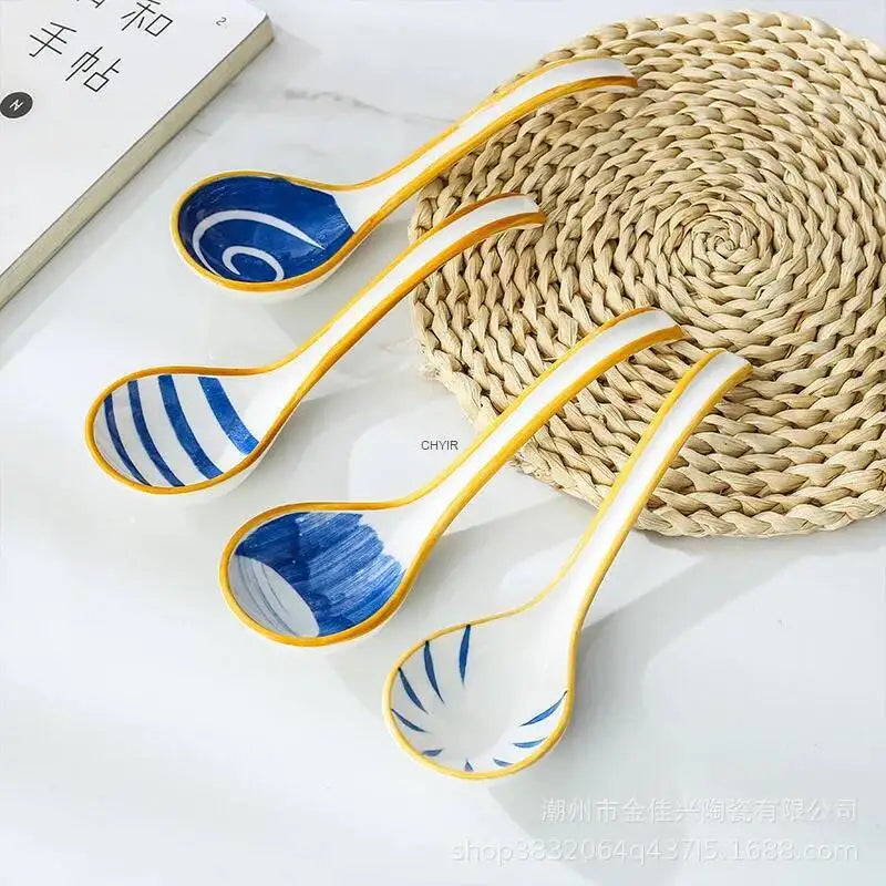 Japanese Style Spoon Ceramic Soup Spoon Daily Ceramic Soup Spoon Ramen Extended Handle Small Spoon Bent Spoon Tableware Oasis Select