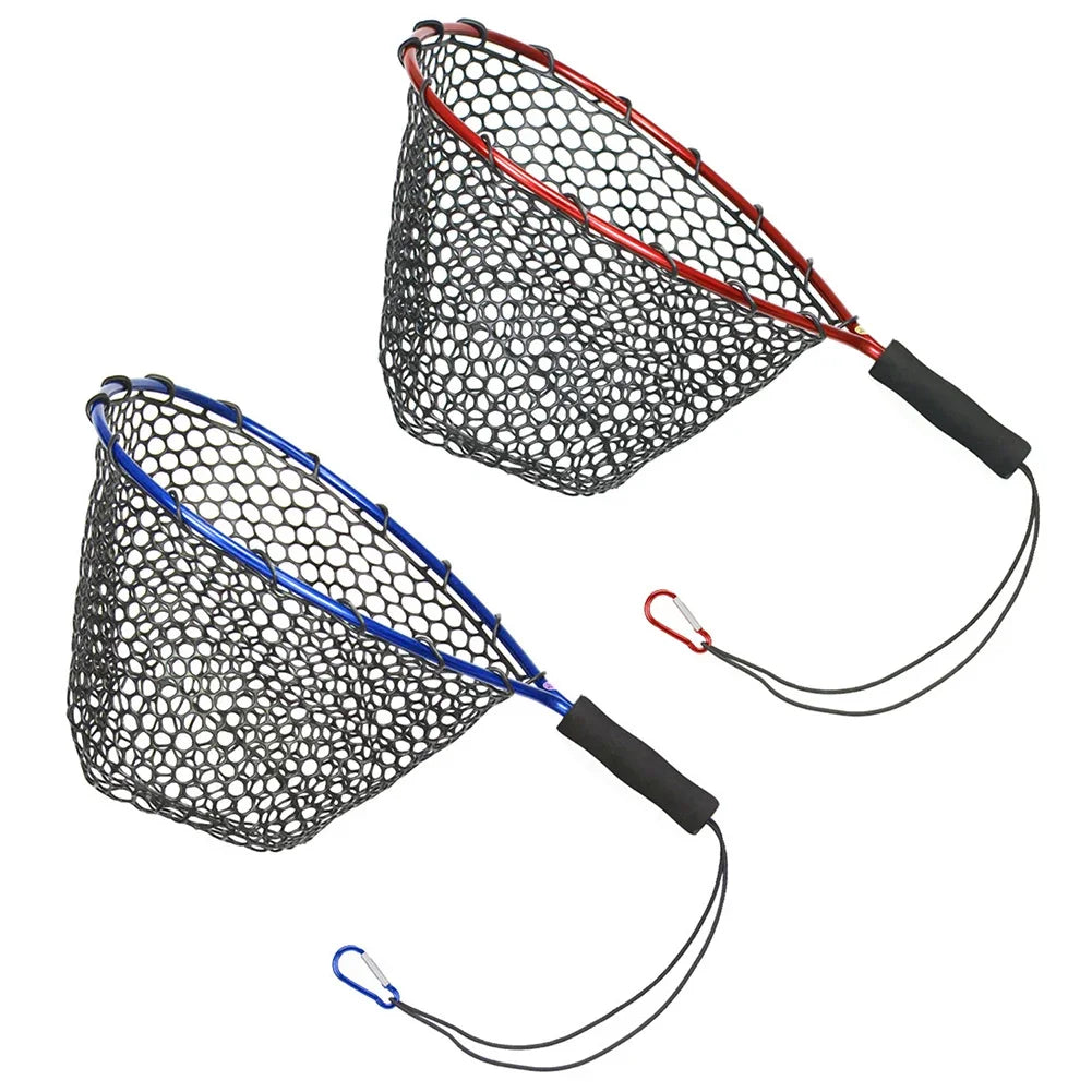 Fishing Net Soft Silicone Fish Landing Net Aluminium Alloy Pole EVA Handle with Elastic Strap and Carabiner Fishing Nets Tools Oasis Select