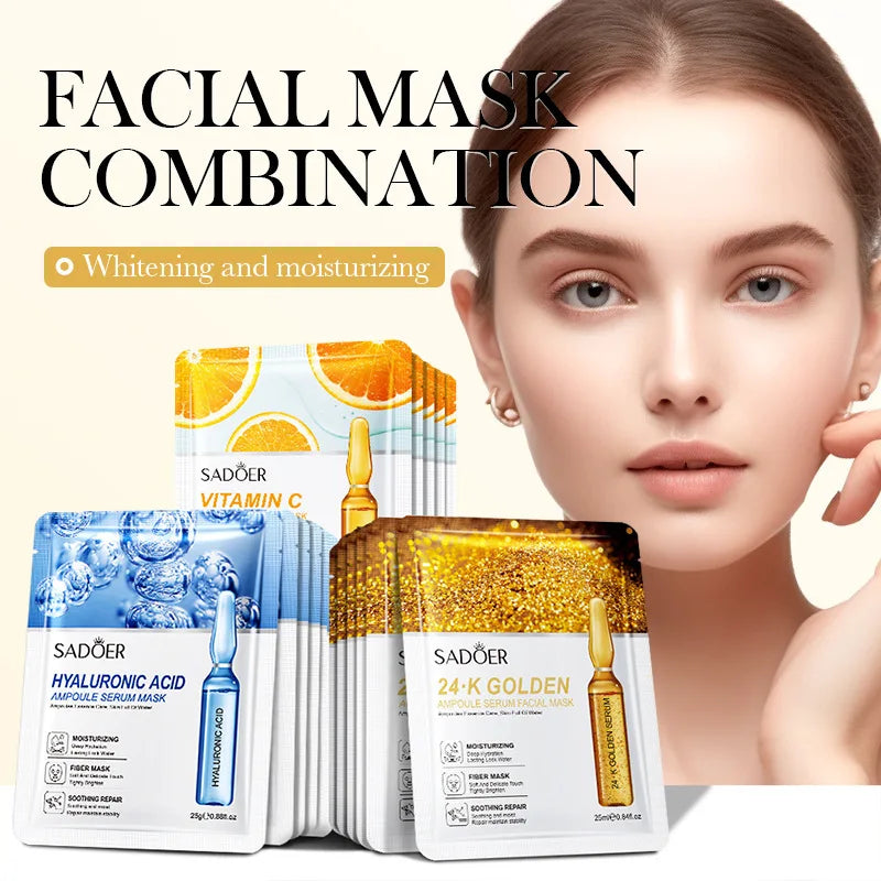 10/20/30pcs 24K Gold Vitamin C Hyaluronic Acid Face Mask Facial Moisturizing Firming Hydrating Facial Masks Skin Care Products Oasis Select