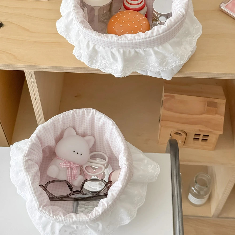 Polka Dot Ruffled Storage Foldable Quilting Cotton Cloth Storage Basket Oval Lace Storage Box Pink Dots Desktop Storage Basket Oasis Select