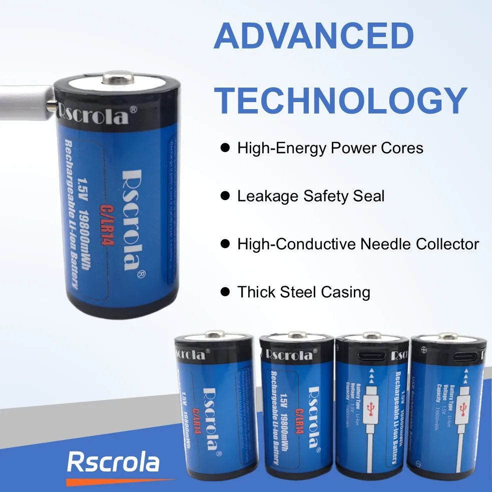 USB-C Rechargeable C Batteries, 19800mWh 1.5V C Batteries, Fast Charging 2 Hours, Replace LR14 Battery for Speakers & Doorbells Oasis Select