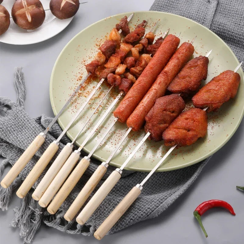 Wooden Handle Anti-scalding Barbecue Skewers Can Be Reused 304 Stainless Steel Metal Barbecue Skewers Wide Skewers Oasis Select