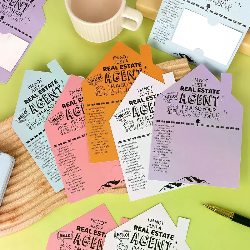 50-Pack Real Estate Agent Cards Kit-House-Shaped Cards (5x7") Business Card Slot-5 Colors-Open House Marketing Supplies For Real Oasis Select
