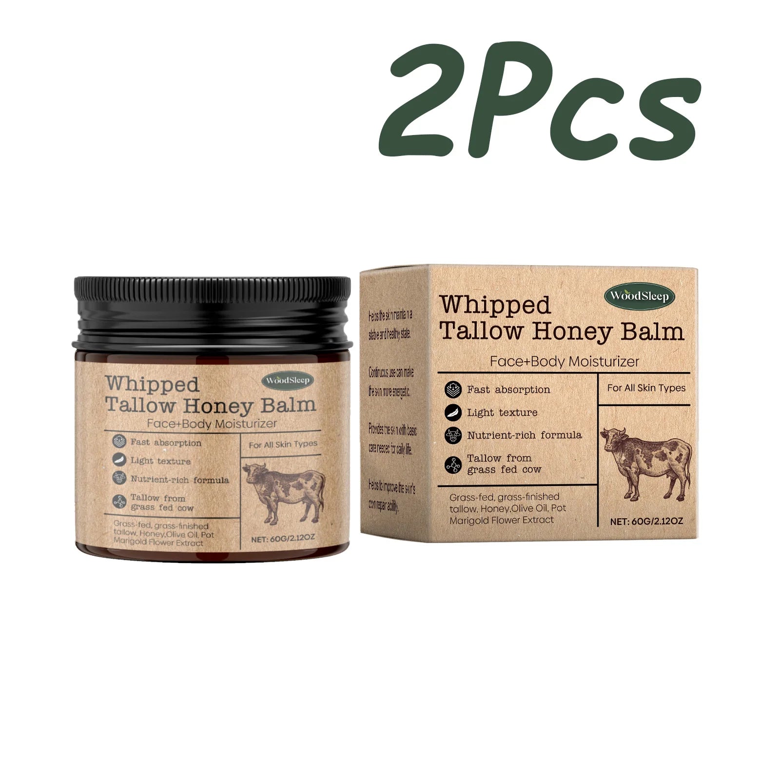 Whipped Beef Tallow Honey Balm Deeply Moisturizer Brightening Fast Absorption Grass Fed Grass Finished Face Cream Body Lotion Oasis Select 120g Boxed
