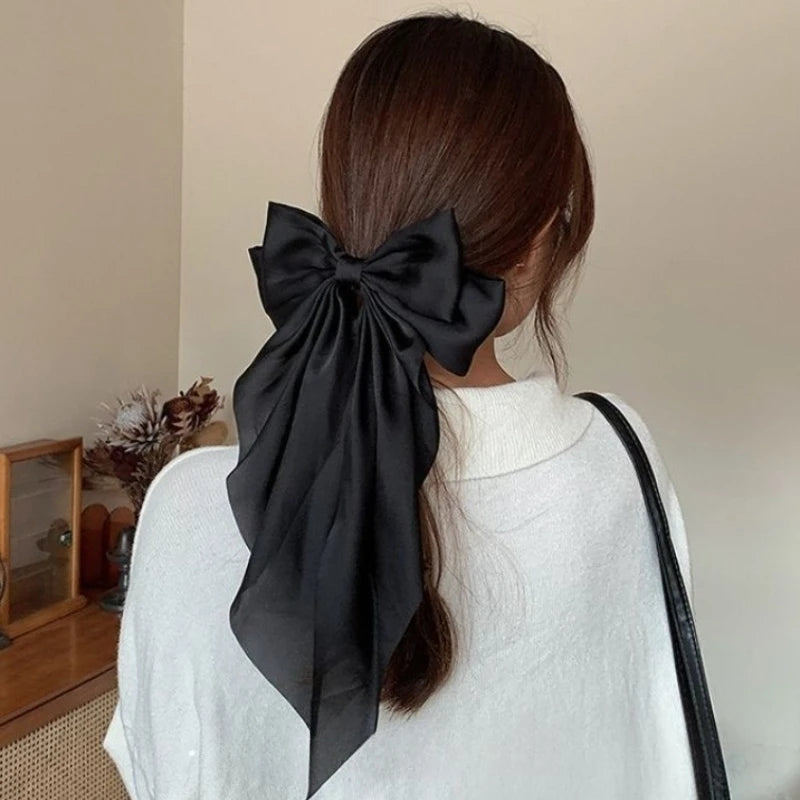 Oversized Satin Bow Hair Clip with Long Ribbon Elegant Solid Color Hairpin for Women Girls Party Daily Hairstyling Oasis Select