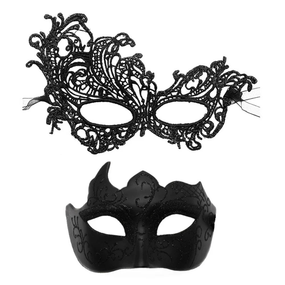 2PCS/set Couple Masks Lace Women Mask Men Painted Half Face Mask Eye Mask Set Party Masquerade Wedding Decoration Costume Prom Oasis Select Black 2