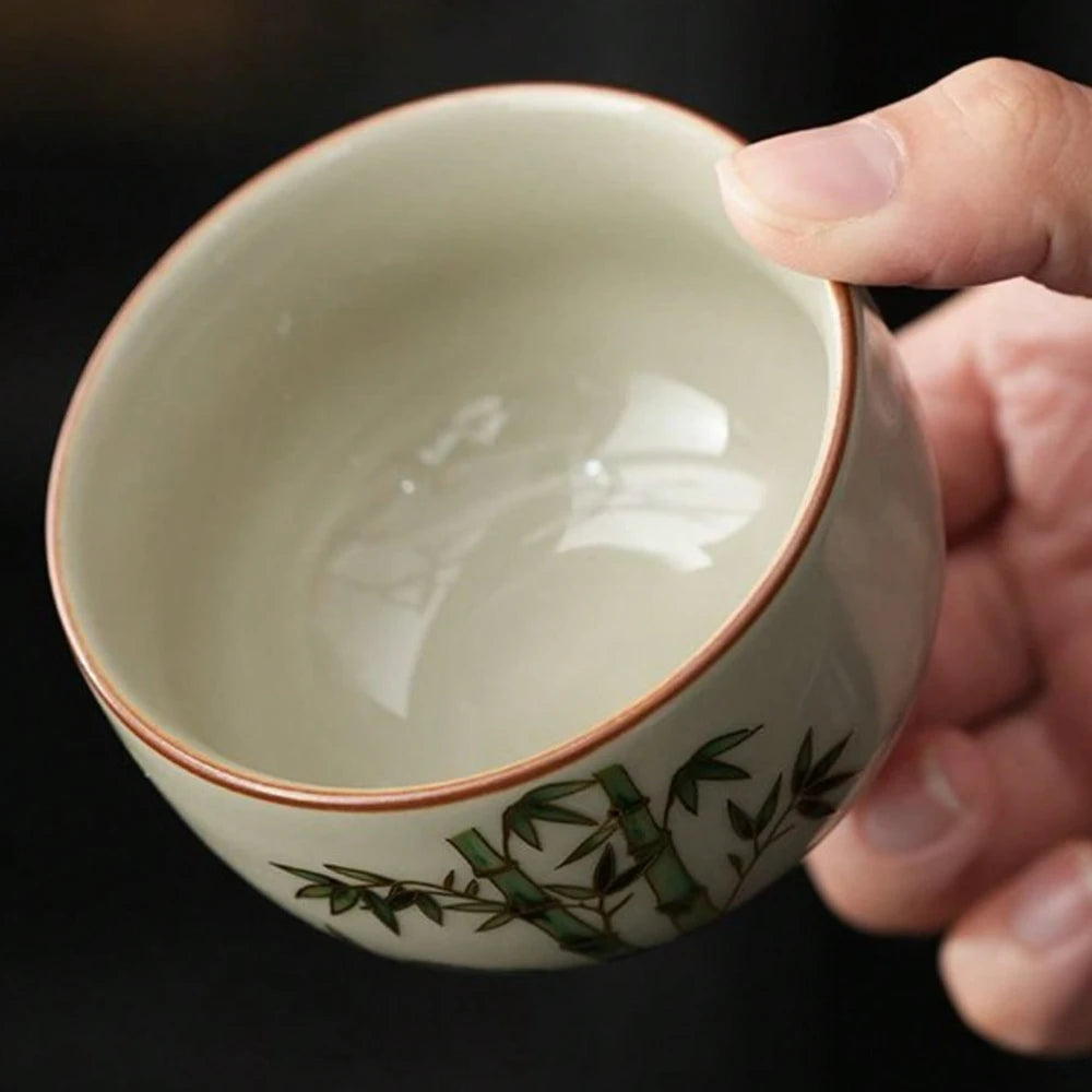 Bamboo Pattern Gold Rim Ceramic Tea Cups Hand-Painted Small Gongfu Teacups Premium Stoneware Drinking Cups for Home Office Gifts Oasis Select