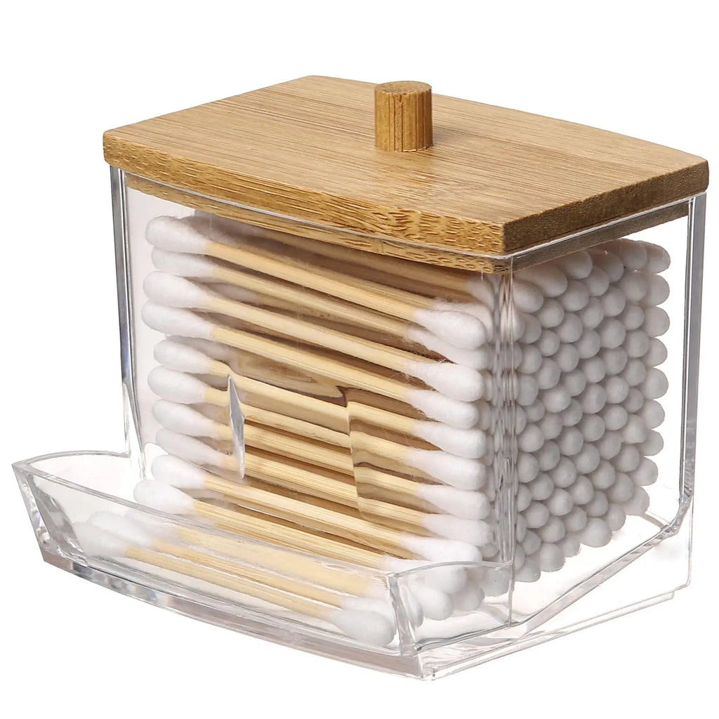 Acrylic Cotton Swab Holder with Bamboo Lid - Clear Cotton Swab Dispenser Bathroom Container Cotton Swab Canister Oasis Select C