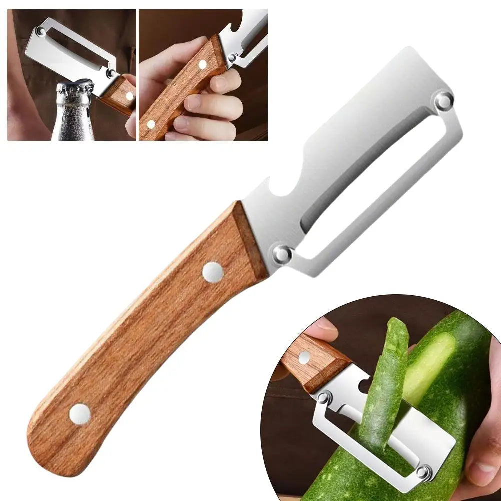 Stainless Steel Peeler Vegetable Fruit Peeling Tool Bottle Opener With Ergonomic Wooden Handle Multifunction Kitchen Tool Oasis Select