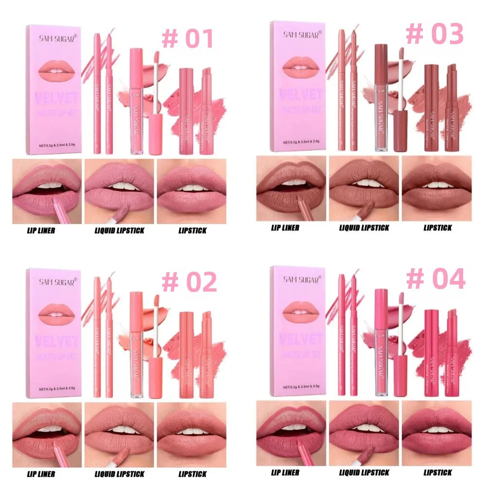 SAM SUGAR 3-in-1 Matte Lip Kit – Liner, Lipstick & Gloss Set