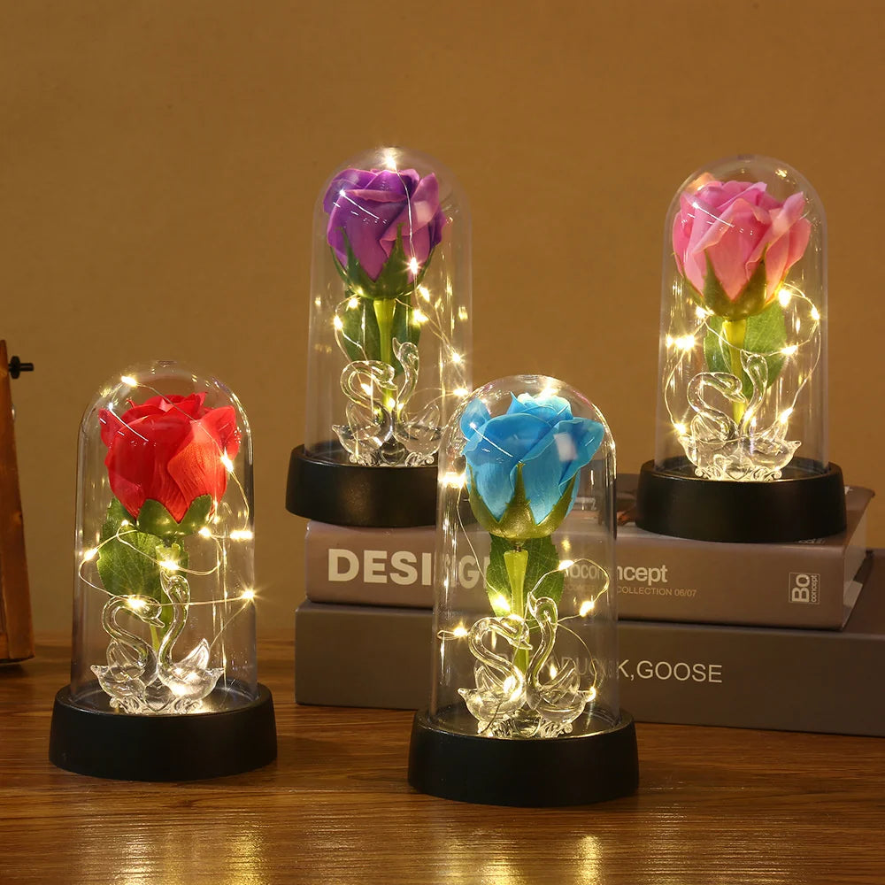 Enchanted Beauty And The Beast Rose Flower with Black Base LED Light In Glass Dome Valentine Christmas Gift Wedding Home Decor Oasis Select