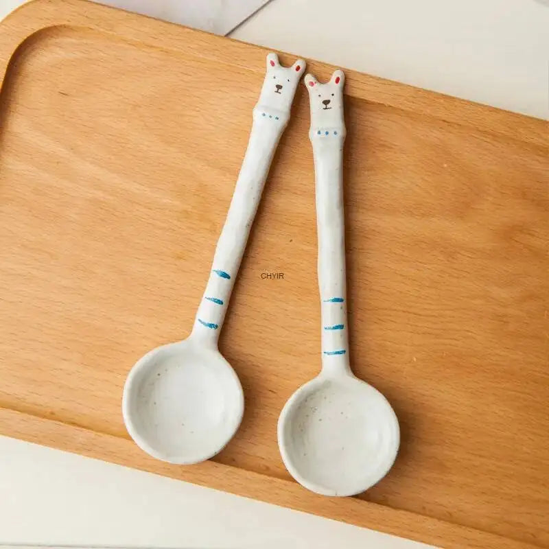 Jingdezhen Hand-painted Ceramic Spoon Cute Bear Dessert Spoon Ustic Ceramic Handmade Gift For Couples Kitchen Tablewear Oasis Select Spoon