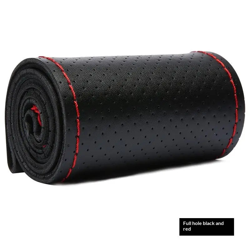 Hand Sewn Car Steering Wheel Protective Cover Leather Breathable Anti Slip Universal Suitable 38cm Elastic Band Texture Decor Oasis Select Black Red
