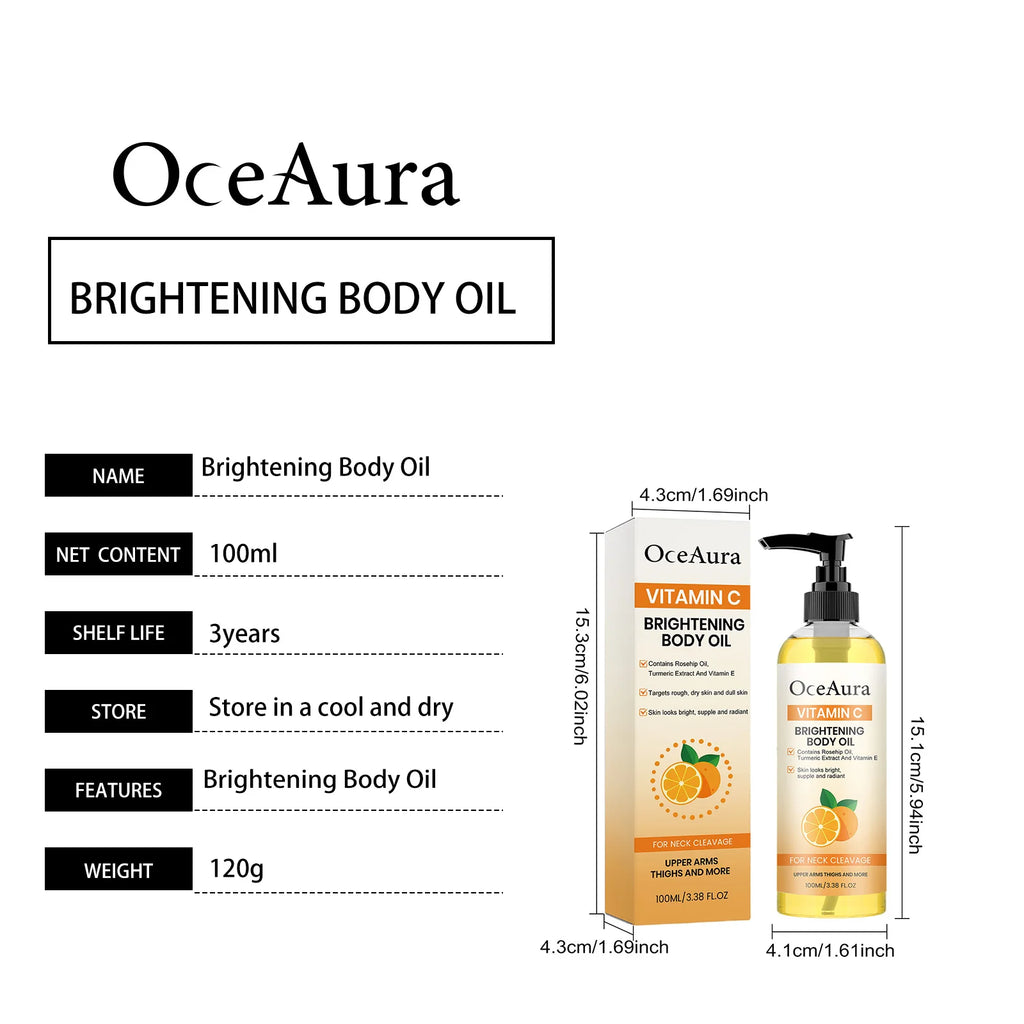 OceAura Vitamin C Body Oil Brightening Moisturizing Turmeric Rosehip Oil Dry Skin Smooth Radiant Neck Chest Arms Thighs 100ml Oasis Select 1 PCS