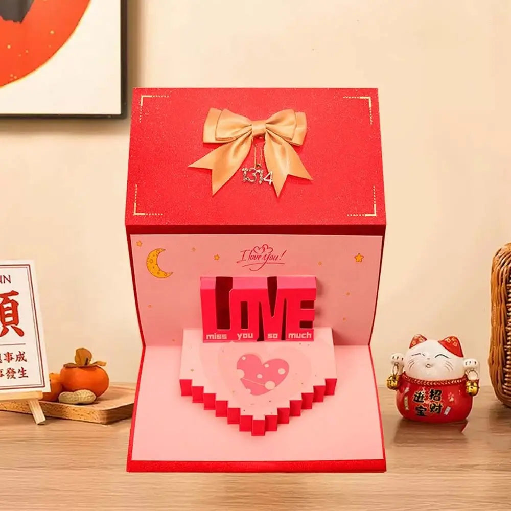 6/10 Slots Birthday Red Envelope Wish Lucky 3D Folding Cake Greeting Card with Bowknot Paper Cash Gift Bag Spring Festival Oasis Select