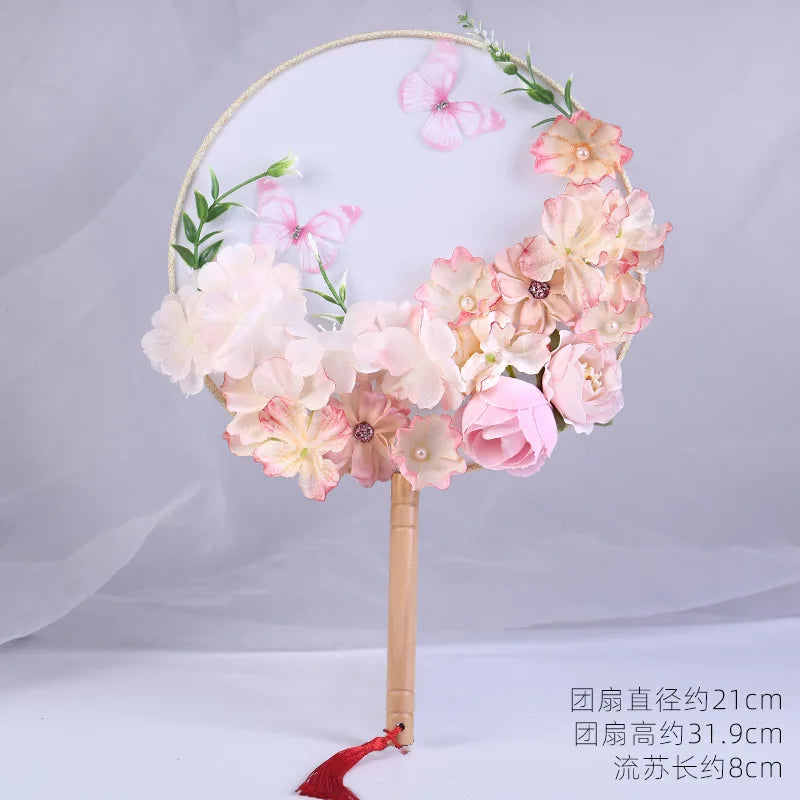 Exquisite Flower Butterfly Round Fan Women Dance Performance Props Wedding Craft Home Decoration Oasis Select E