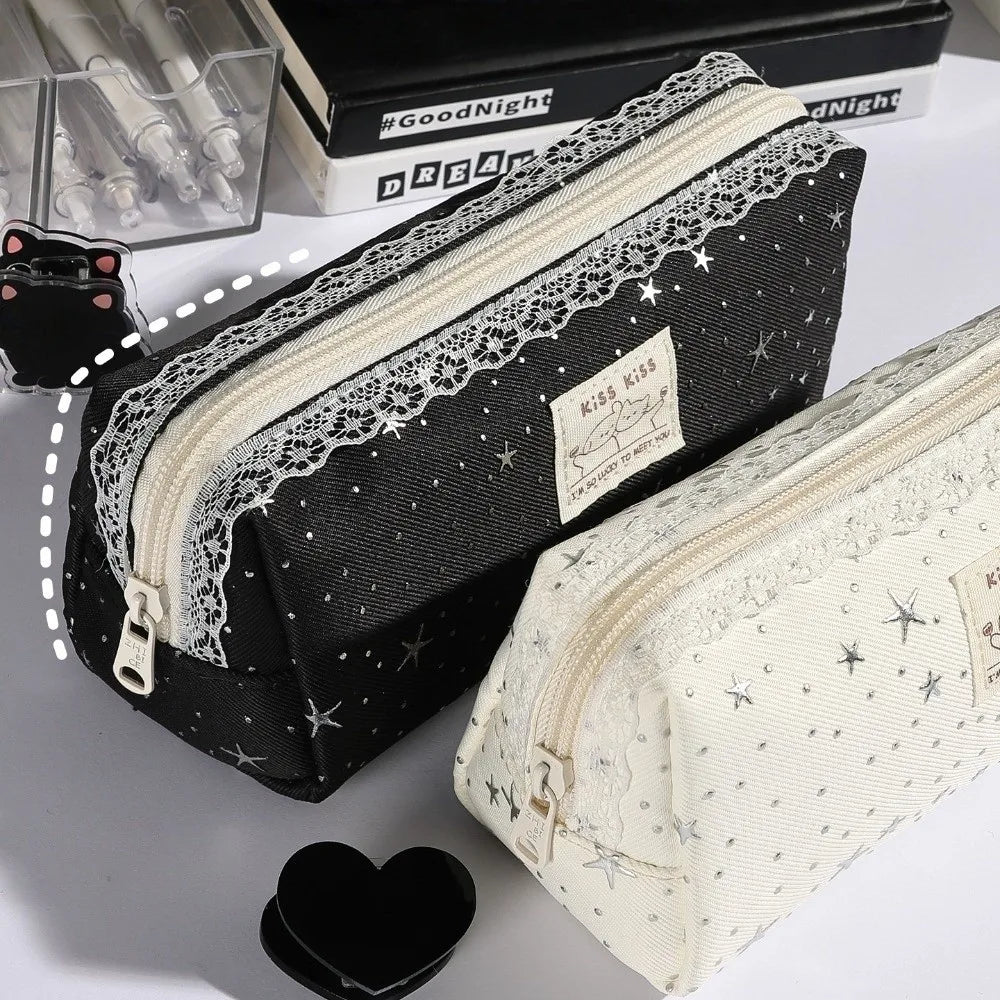 Lace Star Dots Y2k Dots Pencil Case Pencil Pouch Desktop Storage Korean Style Pen Bag Cute Dog Cat Friend Multi-functional Oasis Select