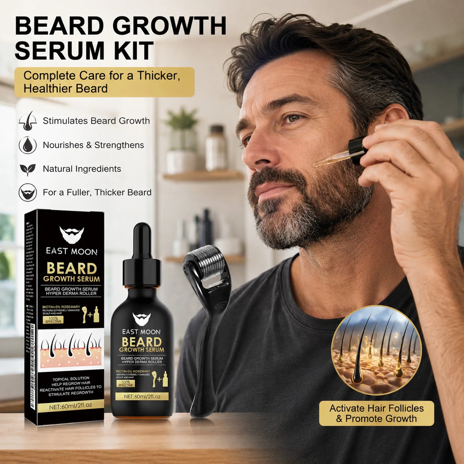 Beard Growth Serum Kit 0.2mm Derma Roller Infused Activate Hair Follicles Repair Damaged Beard Boost Fuller Thicker Beard Serum Oasis Select
