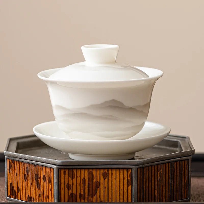 Yangzhi Jade Three-talent Covered Bowl Single High-end Non-scalding Tea Bowl with Lid White Porcelain Kung Fu Tea Set Tea Oasis Select