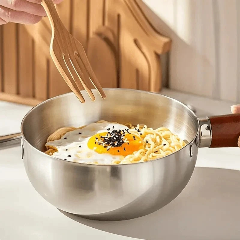 1pc Korean Ramen Pot with Lid, Stainless Steel Wooden Handle Noodle Cooker, 1-2 Person Instant Noodles Pot Induction Compatible Oasis Select